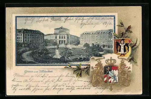 Passepartout-Lithographie München, Gärtnerplatz mit Theater, Wappen