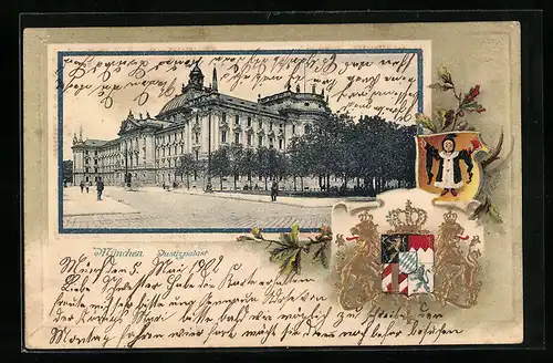 Passepartout-Lithographie München, Justizpalast und Wappen