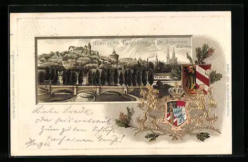 Passepartout-Lithographie Nürnberg, Wappen und Panorama von St. Johannis