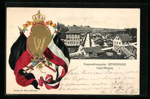 Passepartout-Lithographie Münsingen, Truppenübungsplatz, Lager-Eingang, Wappen