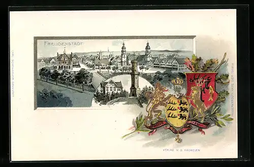 Passepartout-Lithographie Freudenstadt, Haus Friedrichschön mit Turm, Ortsansicht, Wappen