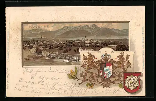Passepartout-Lithographie Rosenheim, Gesamtansicht aus der Vogelschau, Wappen