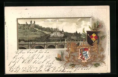 Passepartout-Lithographie Würzburg, Viadukt mit Käpelle, Wappen