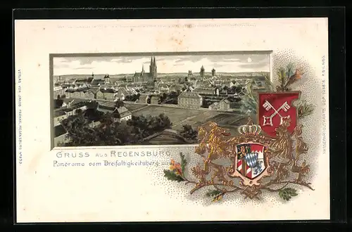 Passepartout-Lithographie Regensburg, Panorama vom Dreifaltigkeitsberg aus, Wappen