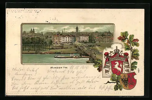 Passepartout-Lithographie Minden i/W, Brückenpanorama mit Wappen