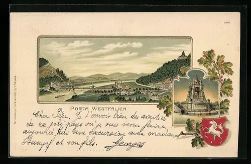 Passepartout-Lithographie Porta Westfalica, Panorama mit Denkmal, Wappen