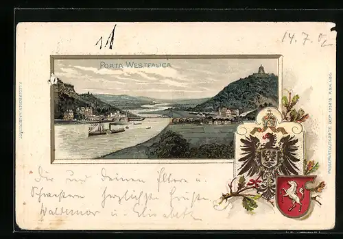 Passepartout-Lithographie Porta Westfalica, Totalansicht mit Kaiser-Wilhelm-Denkmal, Wappen
