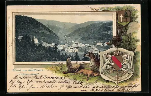 Passepartout-Lithographie Todtmoos /Schwarzwald, Ortsansicht und Wappen
