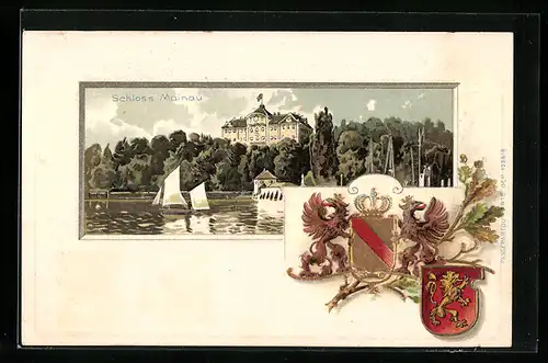 Passepartout-Lithographie Mainau, Schloss und Wappen
