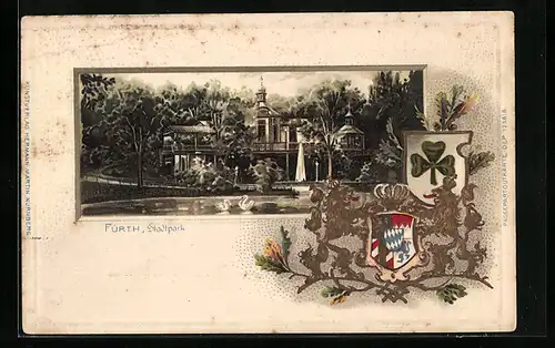 Passepartout-Lithographie Fürth, Stadtpark, Wappen