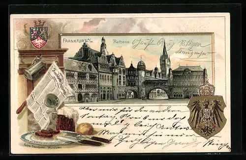 Passepartout-Lithographie Frankfurt, Neues Rathaus, Stadt-Wappen, Paulsplatz