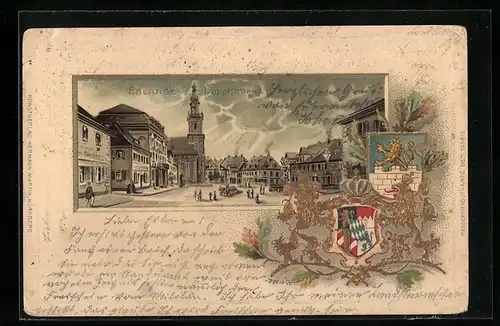 Lithographie Erlangen, Hauptstrasse mit Rathaus, Wappen