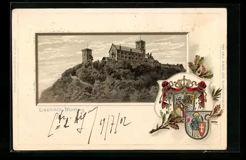 Passepartout-Lithographie Eisenach, Wartburg und Ortswappen
