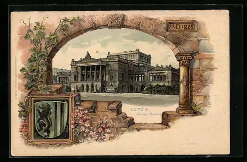 Passepartout-Lithographie Leipzig, Neues Theater, Stadt-Wappen