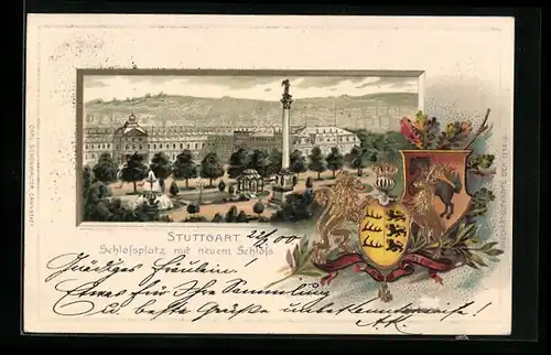 Passepartout-Lithographie Stuttgart, Schlosssplatz mit neuem Schloss, Wappen