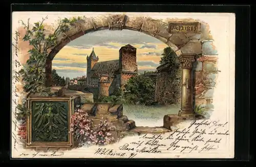 Passepartout-Lithographie Nürnberg, Kaiserstallung, Wappen