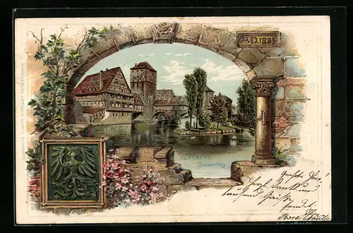 Passepartout-Lithographie Nürnberg, Flusspartie am Henkersteg, Wappen
