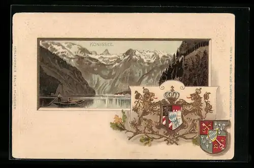 Passepartout-Lithographie Königsee, Ruderpartie, Schneebedeckte Gipfel, Wappen