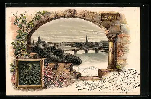 Passepartout-Lithographie Frankfurt a. M., Teilansicht mit Mainbrücken, Wappen