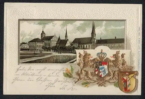 Passepartout-Lithographie Altötting, Ortspartie mit Kirche, Wappen