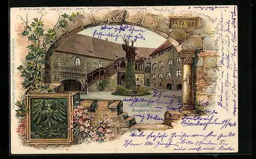 Passepartout-Lithographie Nürnberg, Burghof mit Linde, Wappen