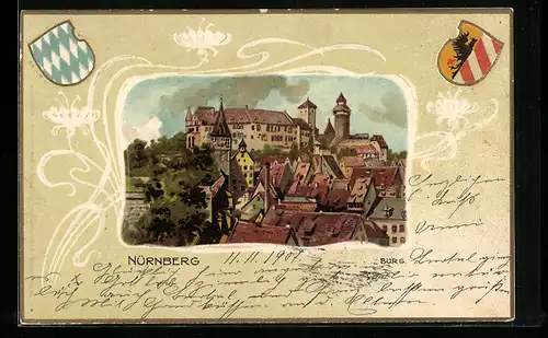 Passepartout-Lithographie Nürnberg, Burg mit Wappen