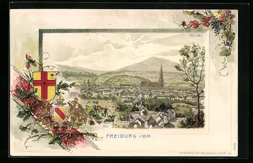 Passepartout-Lithographie Freiburg i. Br., Totalansicht der Stadt, Wappen