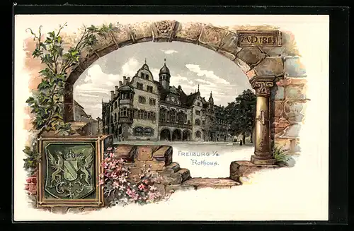 Passepartout-Lithographie Freiburg, Strassenpartie am Rathaus, Wappen