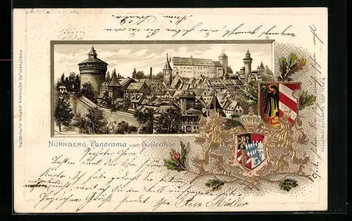 Passepartout-Lithographie Nürnberg, Wappen, Panorama vom Hallerthor