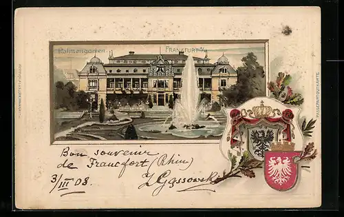 Passepartout-Lithographie Frankfurt-Westend, Palmengarten, Wappen mit Lorbeer