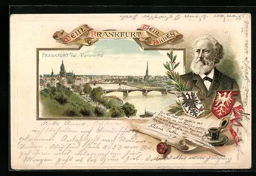 Lithographie Alt-Frankfurt, Ortspanorama, Dichter Friedrich Stoltze, Wappen