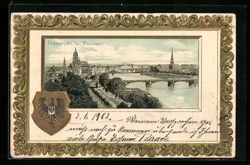 Passepartout-Lithographie Alt-Frankfurt, Panorama mit Eisernem Steg und Paulskirche