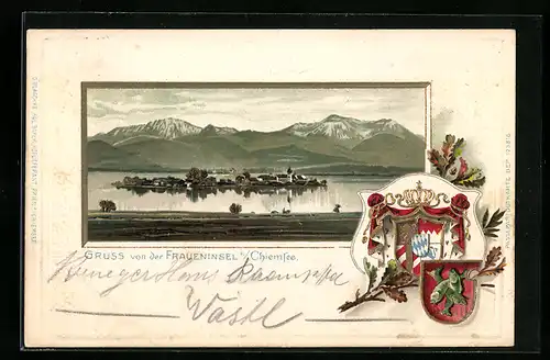 Passepartout-Lithographie Fraueninsel, Blick auf die Insel aus der Vogelschau