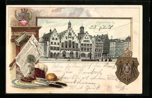 Passepartout-Lithographie Alt-Frankfurt, Römer, Marktplatz, Wappen