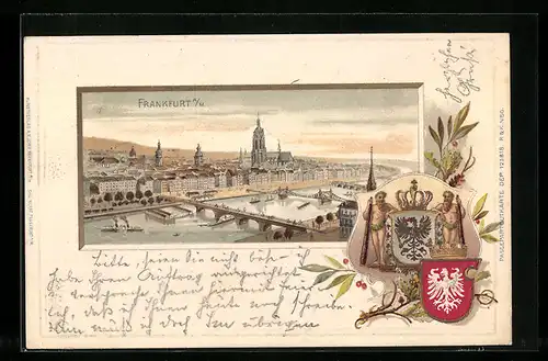 Passepartout-Lithographie Frankfurt / Main, Blick zum Ort, Wappen, Dampfer