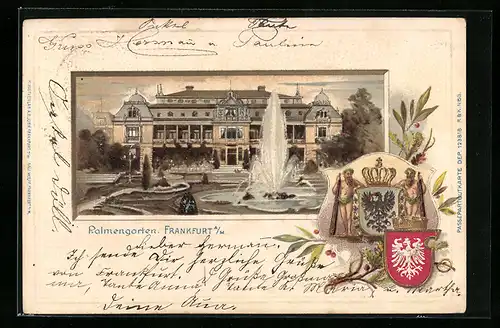 Passepartout-Lithographie Frankfurt-Westend, Palmengarten, Wappen mit Lorbeer