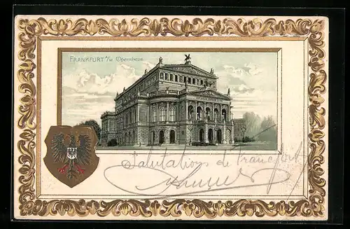 Passepartout-Lithographie Frankfurt a. M., Opernhaus, Wappen