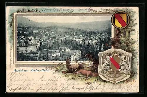 Passepartout-Lithographie Baden-Baden, Gesamtansicht, Jagdhund mit Beute, Wappen