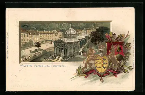 Passepartout-Lithographie Wildbad, Partie an der Trinkhall, Wappen