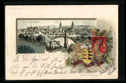 Passepartout-Lithographie Freudenstadt, Teilansicht mit Strassenpartie, Turm, Wappen