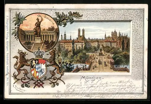 Passepartout-Lithographie München, Strassenpartie mit Kirche und Strassenbahn, Bavaria, Wappen