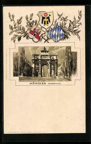Passepartout-Lithographie München, Siegesthor, Stadt-Wappen