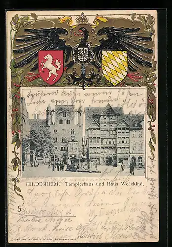 Passepartout-Lithographie Hildesheim, Templerhaus und Haus Wedekind, Wappen