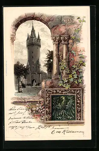 Passepartout-Lithographie Frankfurt a / M., Eschenheimer Turm, Wappen