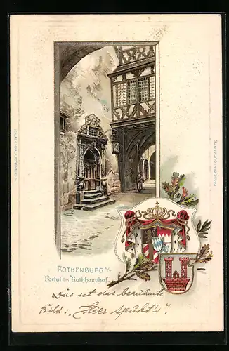 Passepartout-Lithographie Rothenburg o. T., Portal im Rathaushof, Wappen