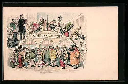 Lithographie Menschen am Städtischen Versatzamt, Gerichtsvollzieher