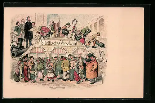 Lithographie Menschen stehen vor dem Städtischen Versatzamt