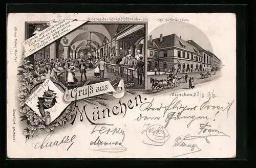 Lithographie München, Inneres des königl. Hofbräuhauses und von aussen