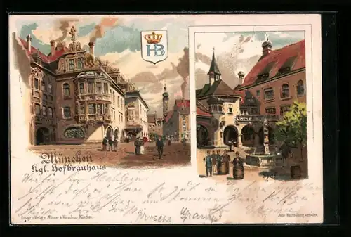 Lithographie München, Partie am Münchner Hofbräuhaus und Blick in den Hof