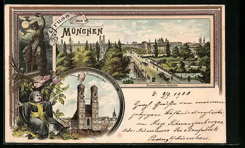 Lithographie München, Maximiliansbrücke, Frauenkirche, Denkmal mit Münchner Kindl